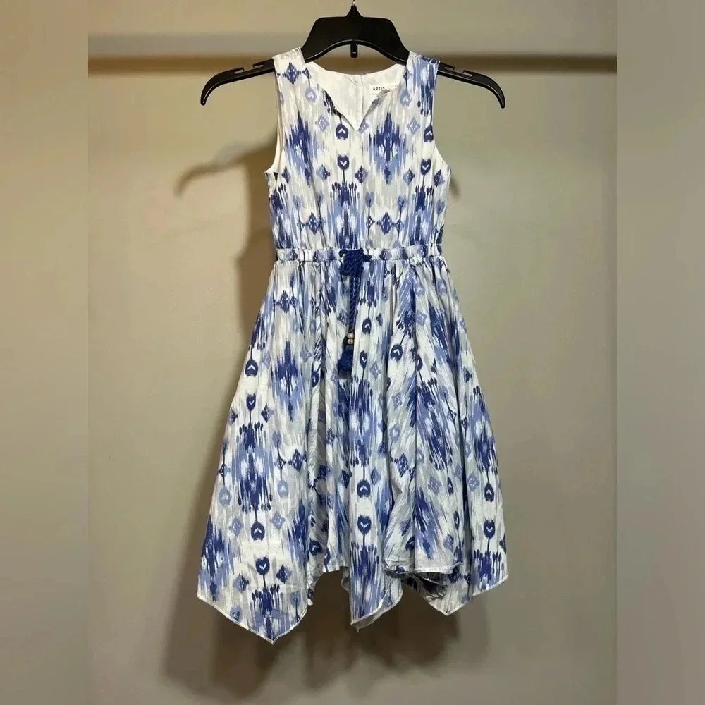 Artisan‎ NY Girls Blue White Ikat Handkerchief Hem Sleeveless Dress Size 7
